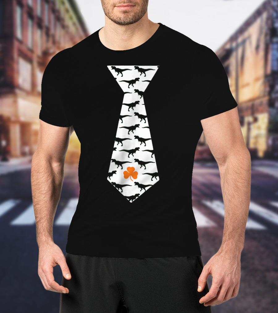 Cool St Patricks Day Dinosaur Tie Clover T-Shirt