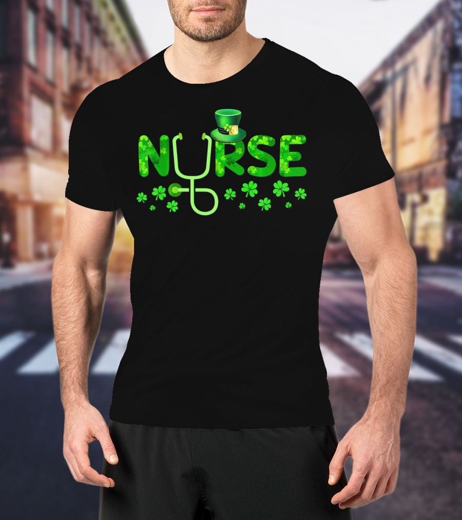 Nurse Shamrock Leprechaun Hat Stethoscope Clover T-Shirt