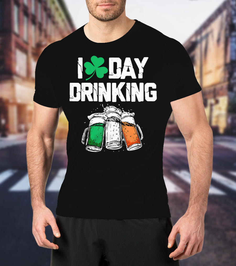 I Love Day Drinking Lucky Shamrock And Irish Flag Beer Mugs T-Shirt