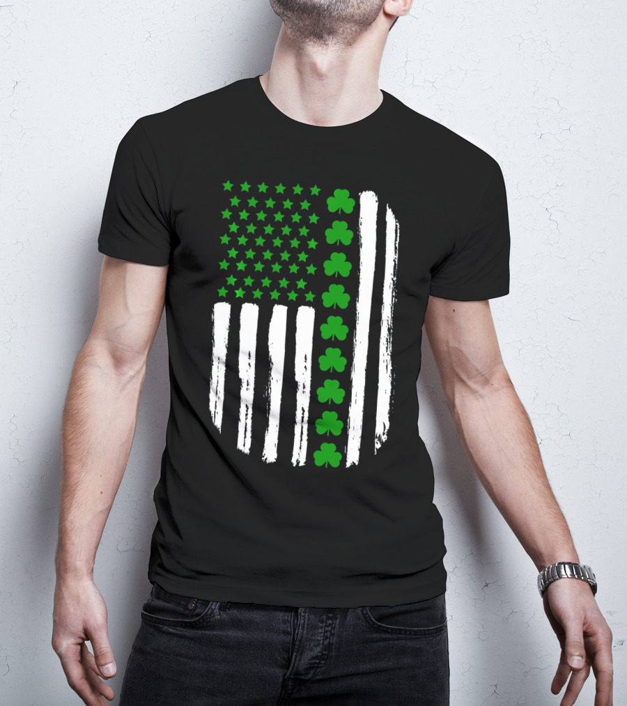 USA Flag With Green 4 Leaf Clover For St. Patrick Day T-Shirt