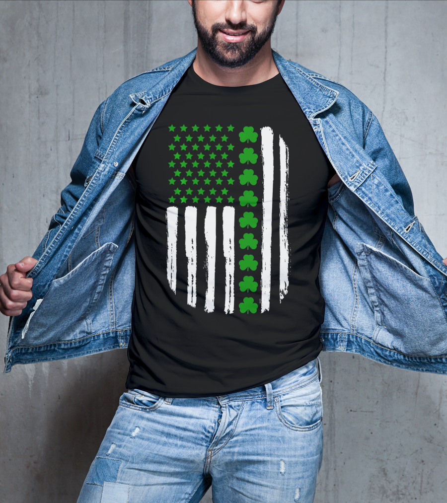 USA Flag With Green 4 Leaf Clover For St. Patrick Day T-Shirt