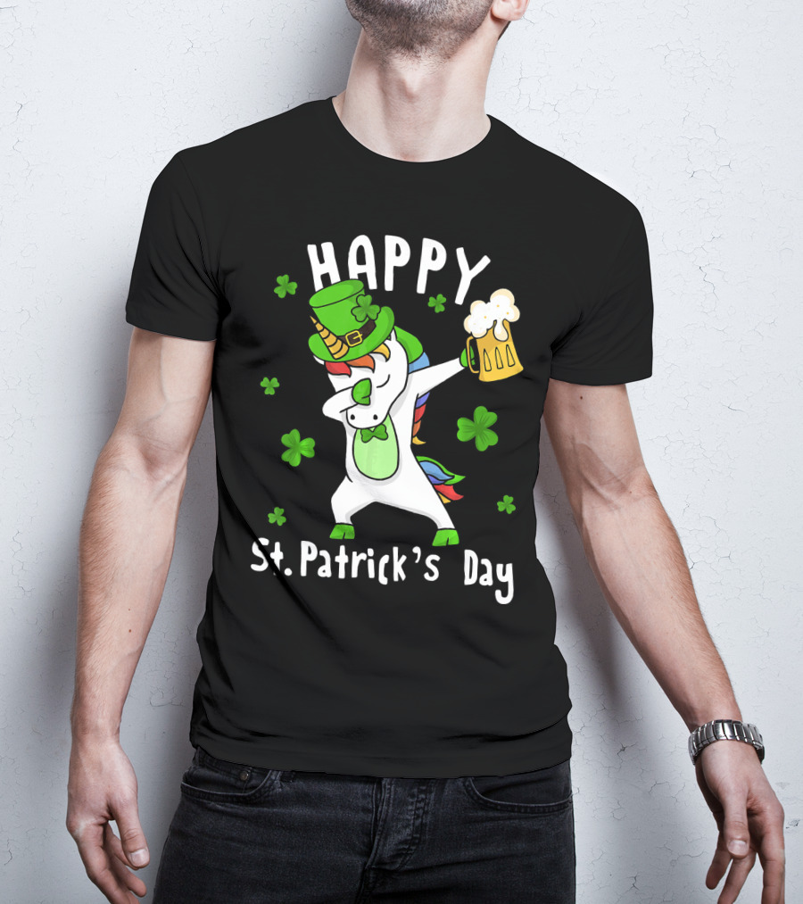Happy St. Patrick's Day Dabbing Unicorn With Leprechaun Hat And Beer Mug T-Shirt