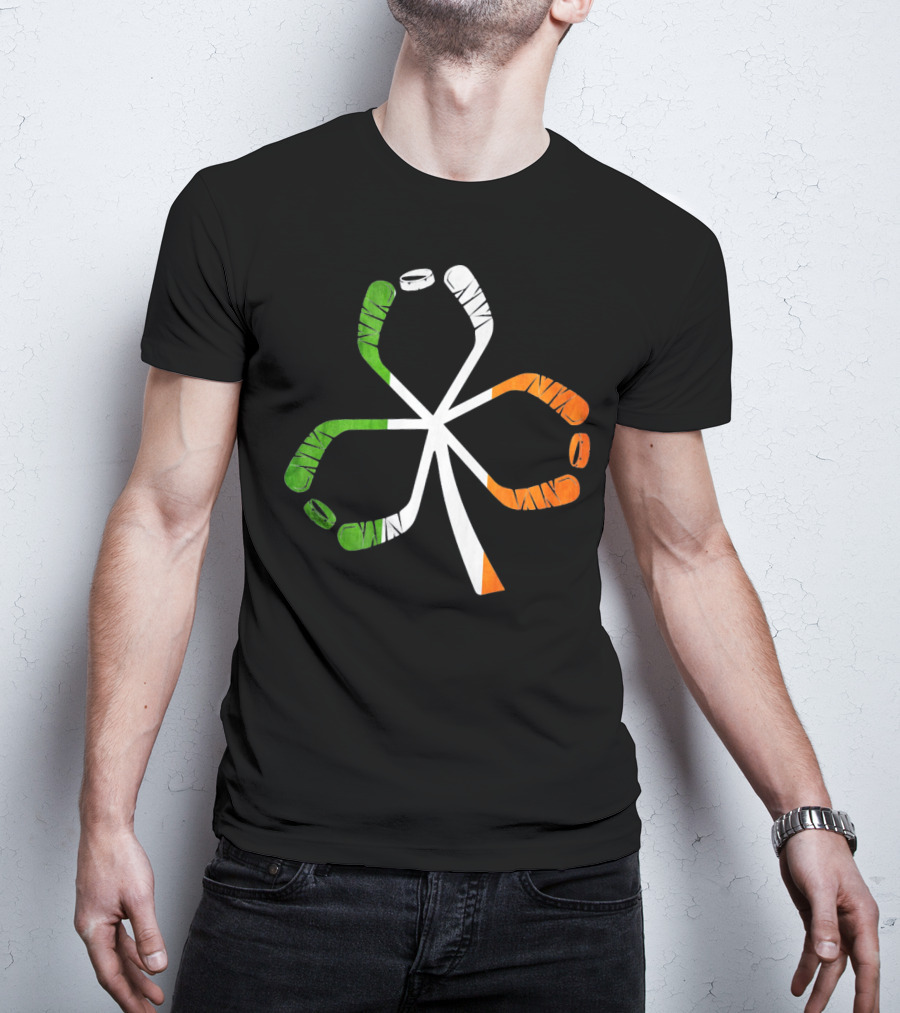 Ice Hockey Shamrock Green White Orange Sticks T-Shirt