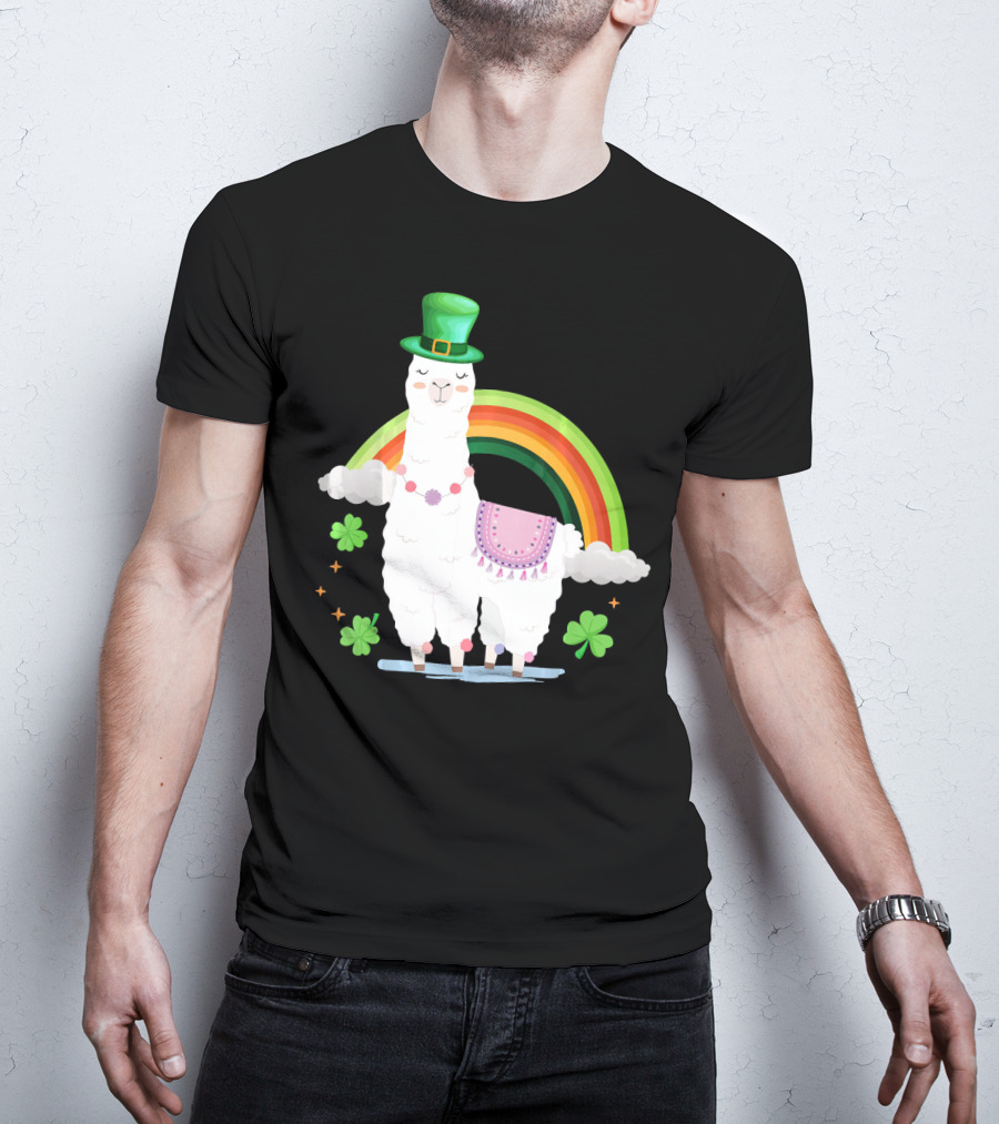 Llama St Patricks Day Rainbow Leprechaun Hat With Shamrocks T-Shirt