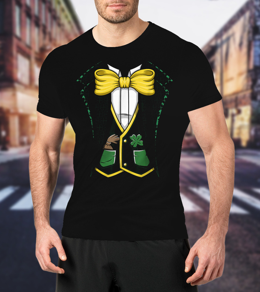 Leprechaun Costume Green Suit With Yellow Bow Tie And Shamrock Details T-Shirt