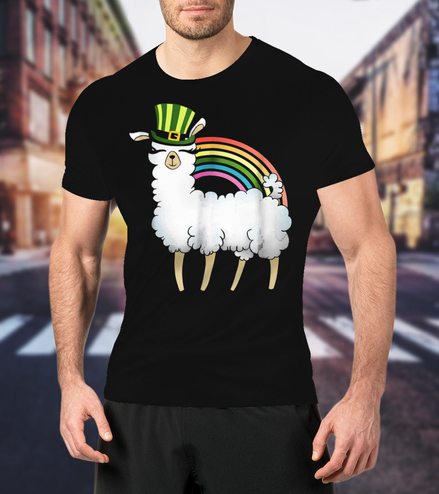 Llama In St Patrick's Day Hat With Rainbow T-Shirt