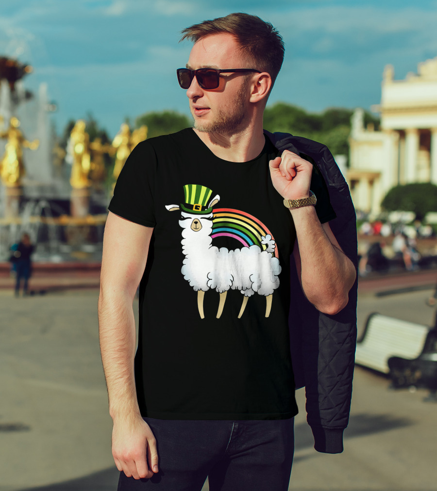 Llama In St Patrick's Day Hat With Rainbow T-Shirt