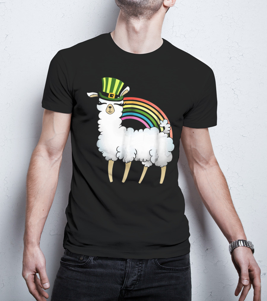 Llama In St Patrick's Day Hat With Rainbow T-Shirt