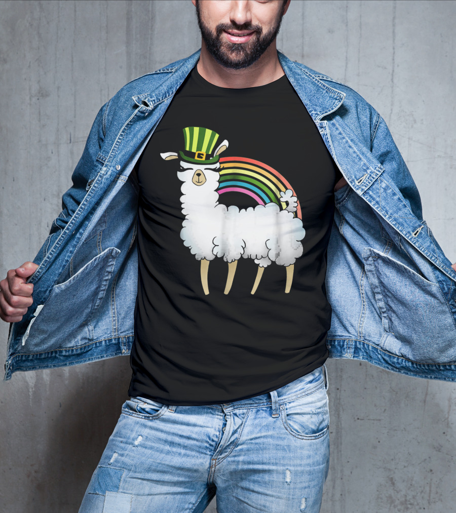 Llama In St Patrick's Day Hat With Rainbow T-Shirt