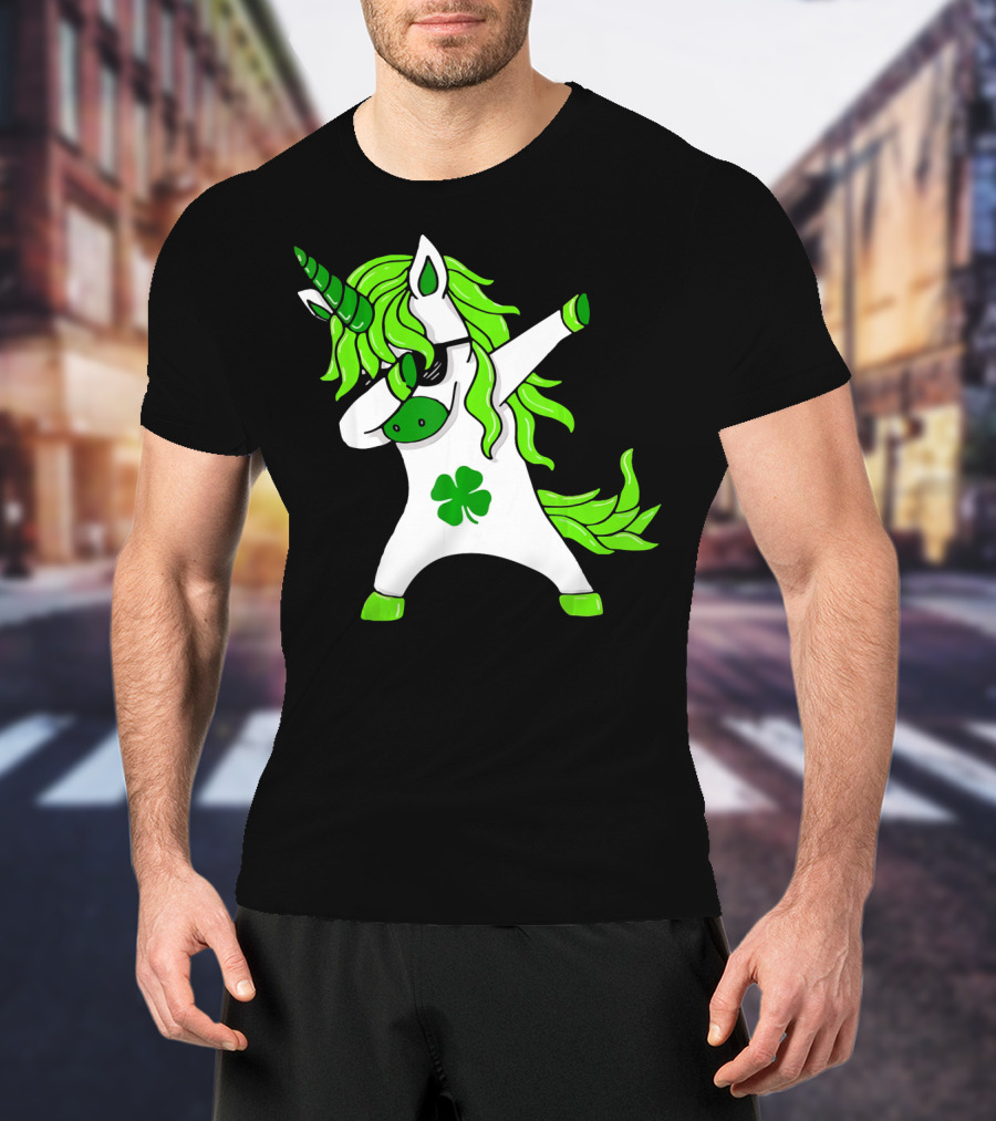 Mens Womens Dabbing Unicorn With Green Shamrock And Hair T-Shirt