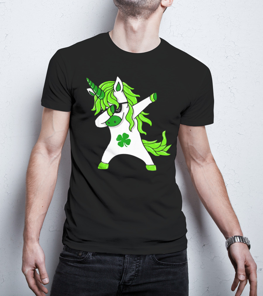 Mens Womens Dabbing Unicorn With Green Shamrock And Hair T-Shirt