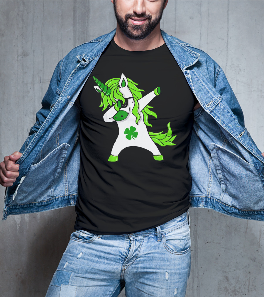 Mens Womens Dabbing Unicorn With Green Shamrock And Hair T-Shirt