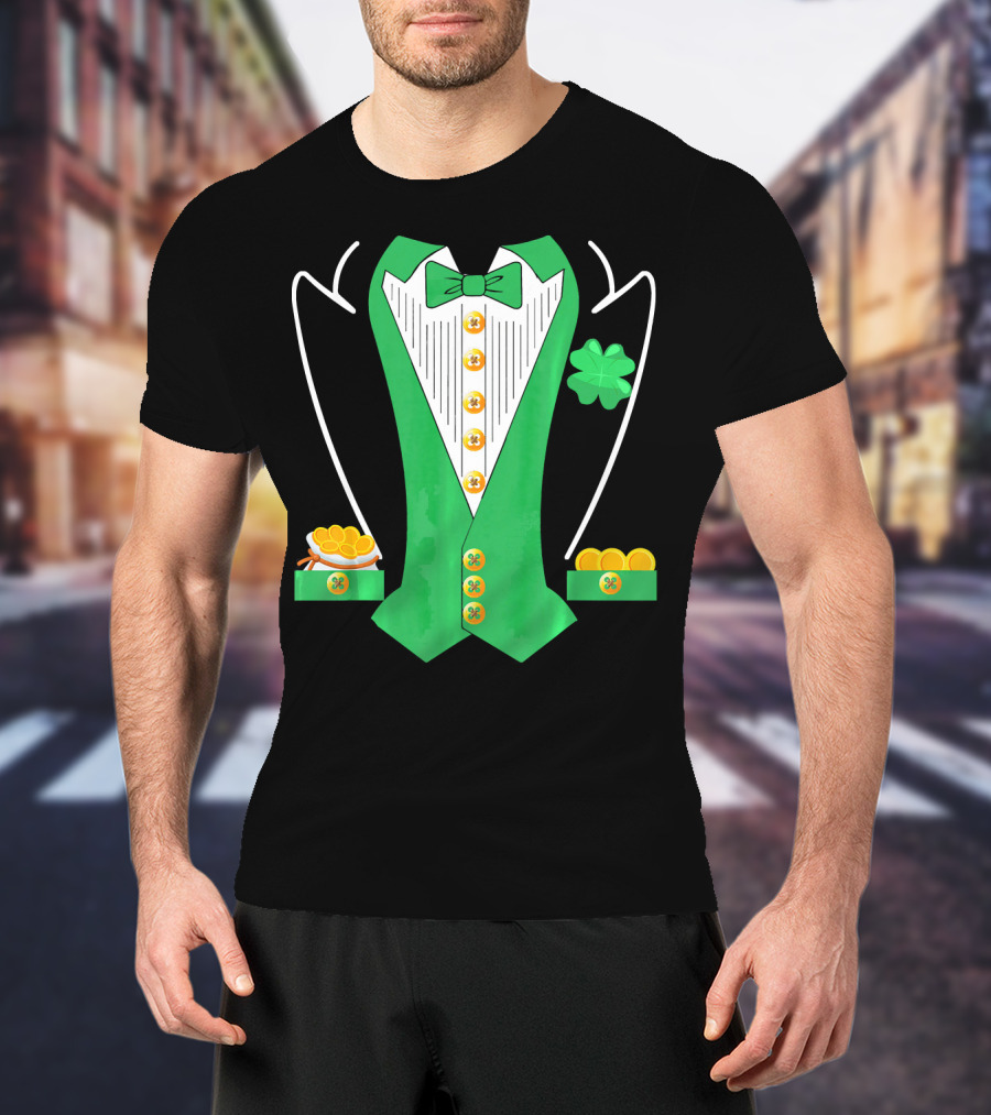 Leprechaun Costume Girl Green Suit Bow Tie Clover Gold Coins T-Shirt