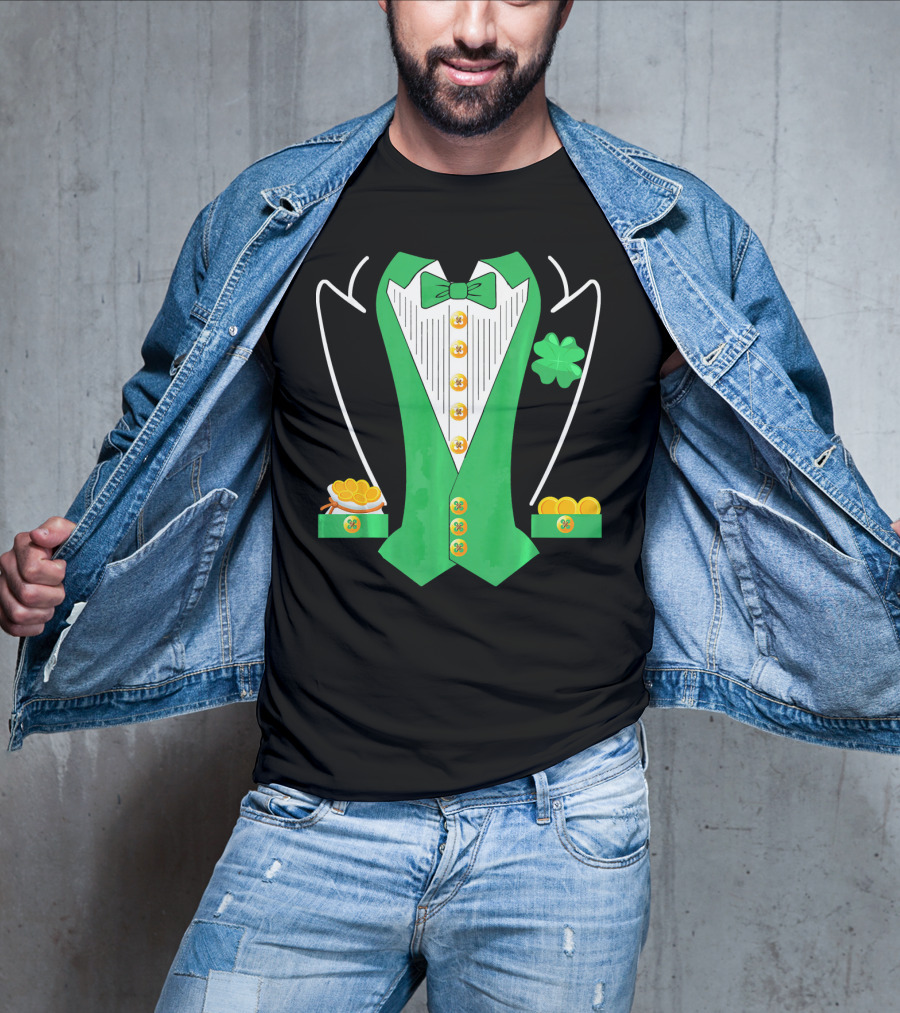 Leprechaun Costume Girl Green Suit Bow Tie Clover Gold Coins T-Shirt