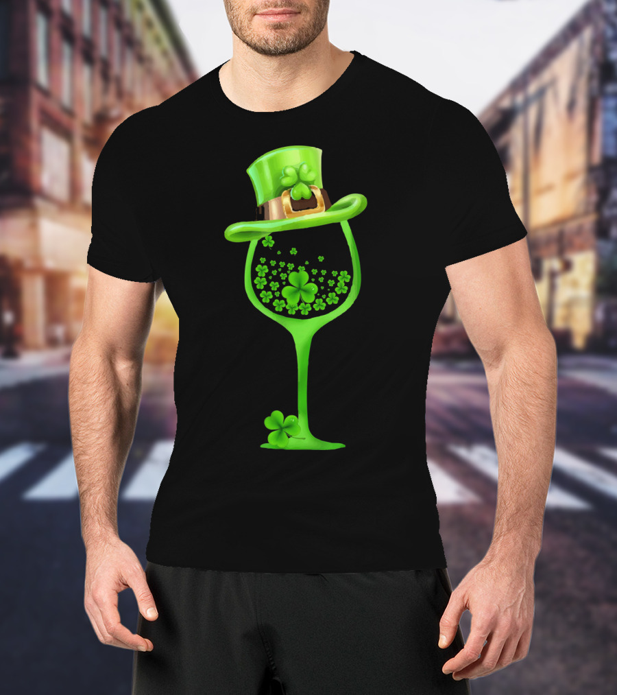 Shamrock Wine Glass With Green Top Hat For St Patricks T-Shirt