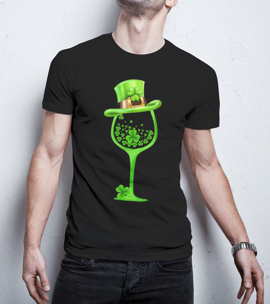Shamrock Wine Glass With Green Top Hat For St Patricks T-Shirt