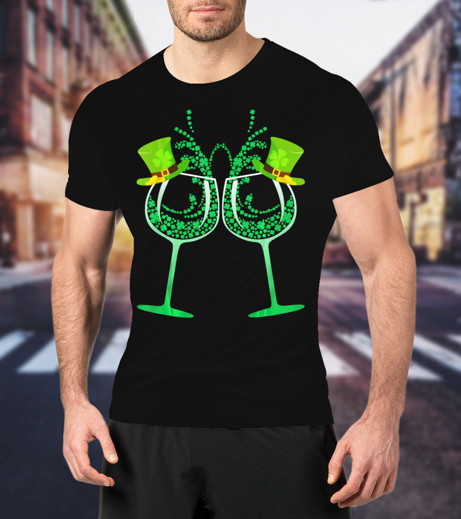 Wine Glass Leprechaun Shamrock Funny Drinking T-Shirt