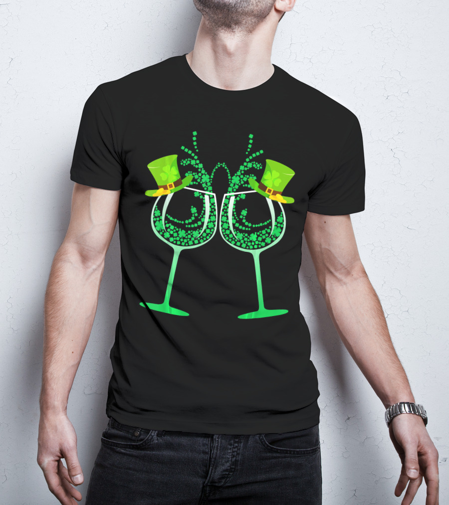 Wine Glass Leprechaun Shamrock Funny Drinking T-Shirt