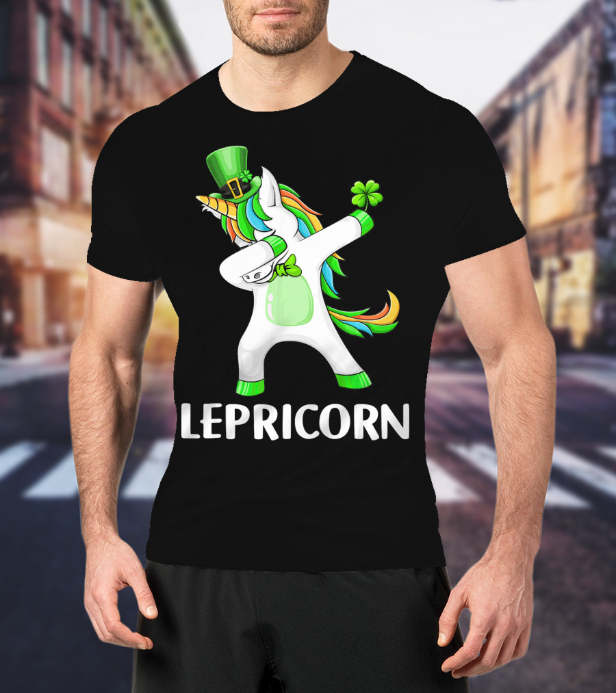 Lepricorn Dabbing Leprechaun Unicorn With Rainbow Mane And Green Hat T-Shirt
