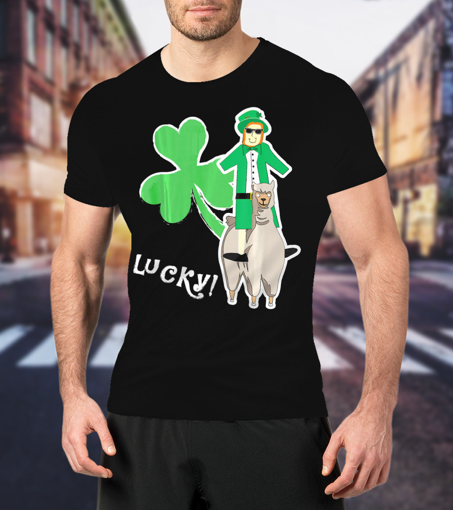 Lucky Leprechaun Riding Llama With Shamrock Irish T-Shirt
