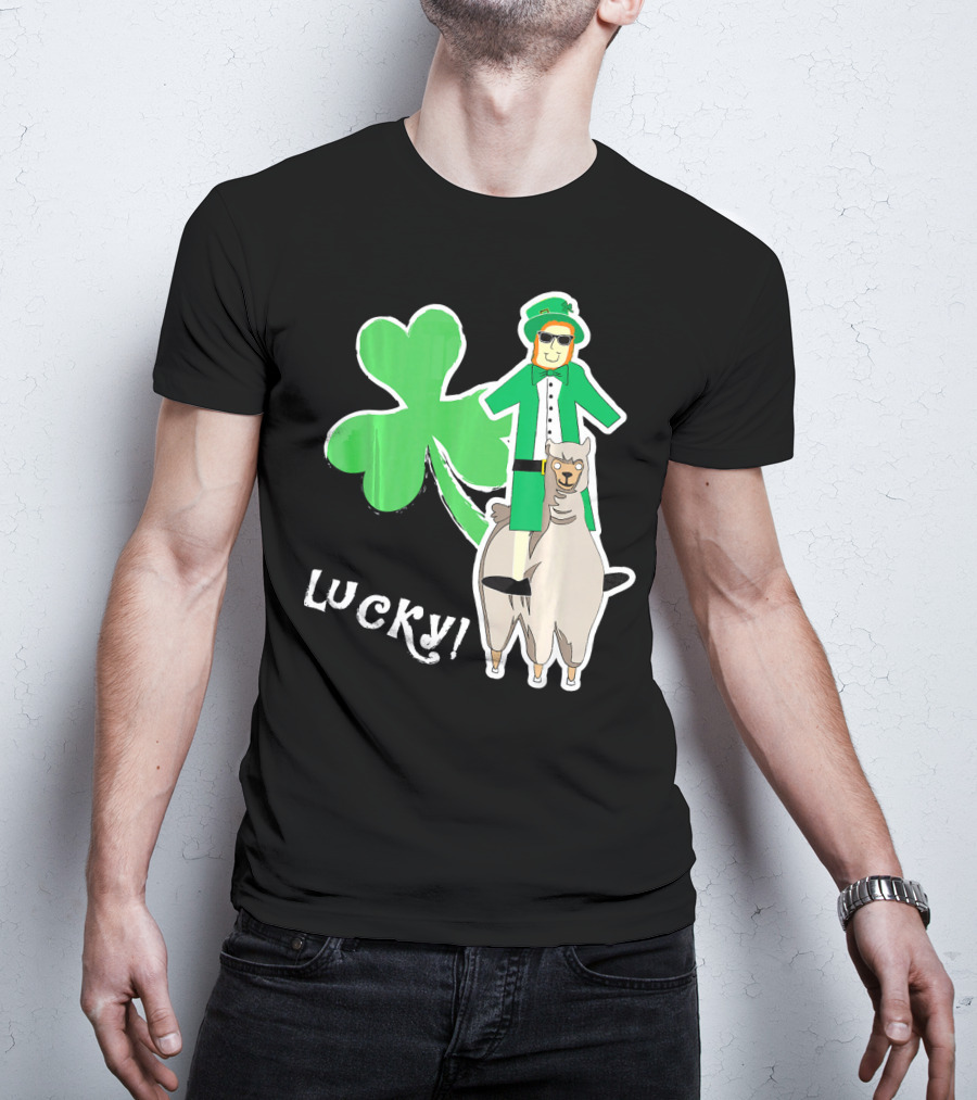 Lucky Leprechaun Riding Llama With Shamrock Irish T-Shirt