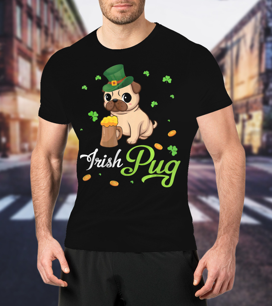 Irish Pug Shamrocks Hat Beer Coins T-Shirt