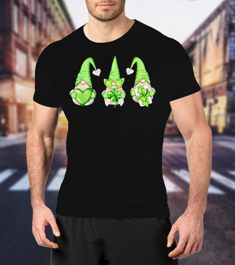 Cool Green Gnomes With Leprechaun Shamrock Hearts And Gifts T-Shirt