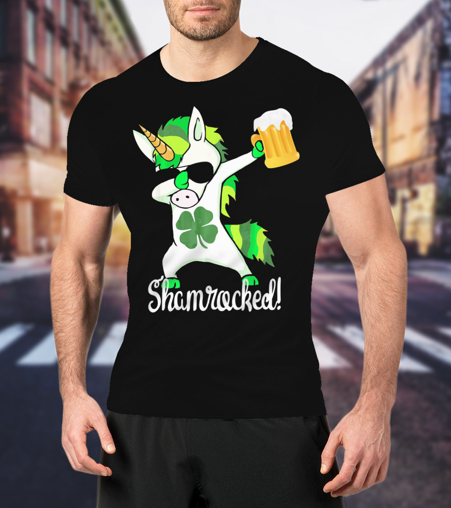 Shamrocked Funny St. Patrick's Day Unicorn With Beer Mug T-Shirt