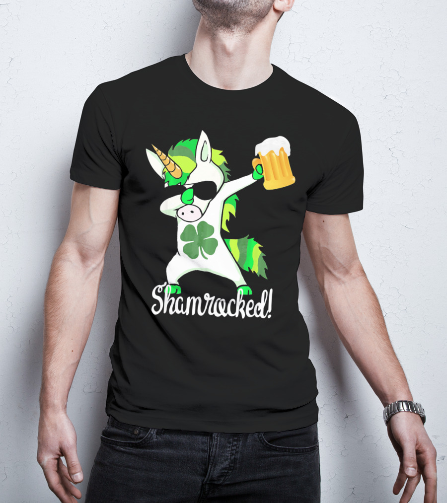 Shamrocked Funny St. Patrick's Day Unicorn With Beer Mug T-Shirt