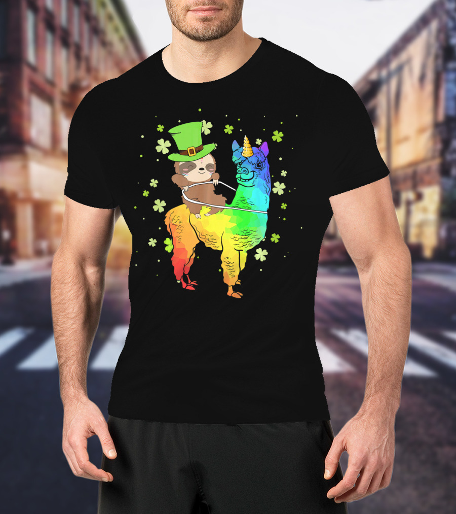Leprechaun Sloth Riding Rainbow Llama Unicorn St Patrick's Clover T-Shirt
