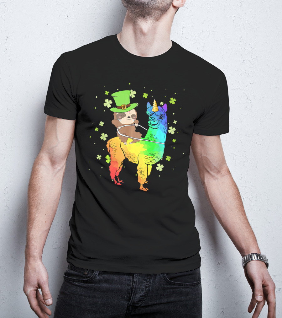Leprechaun Sloth Riding Rainbow Llama Unicorn St Patrick's Clover T-Shirt