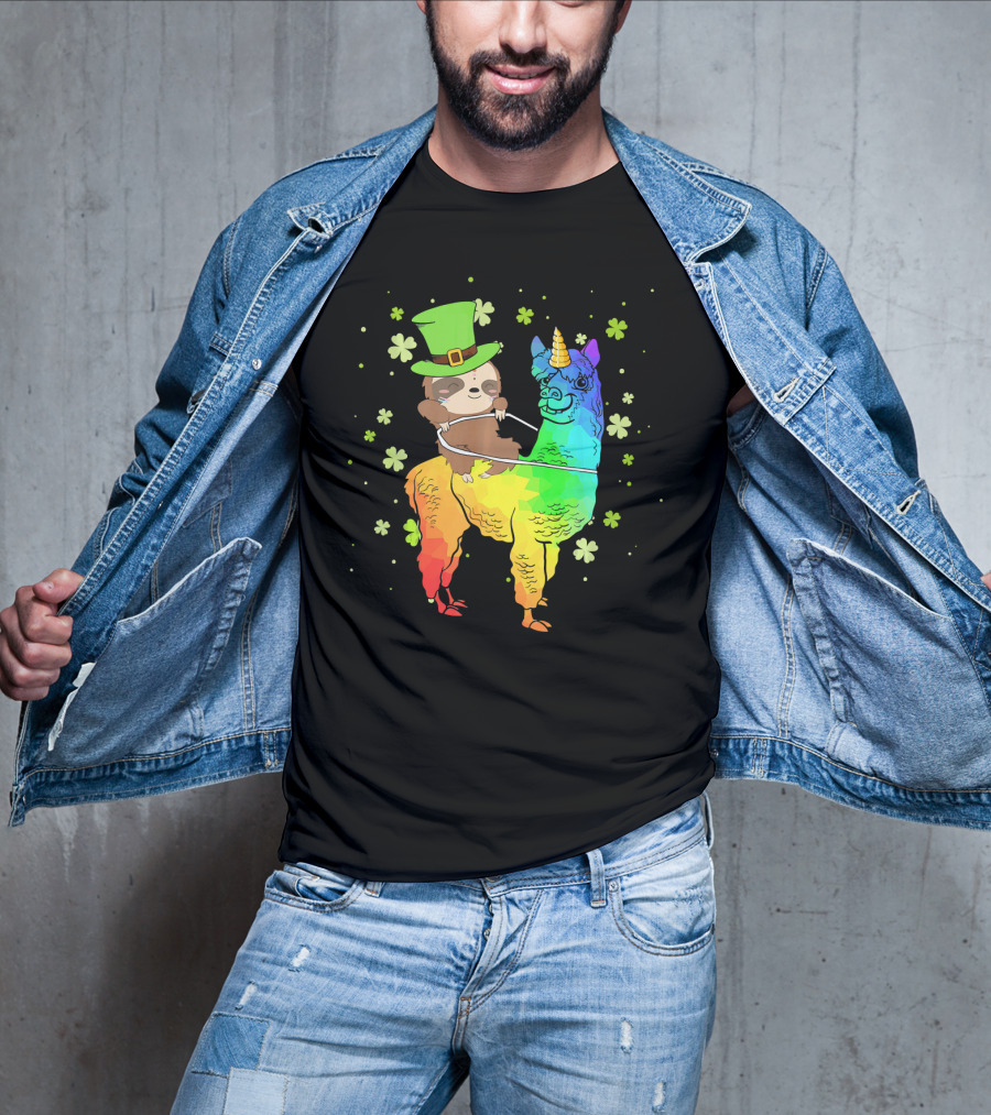 Leprechaun Sloth Riding Rainbow Llama Unicorn St Patrick's Clover T-Shirt