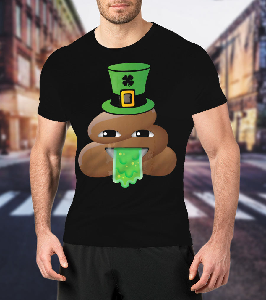 St Patricks Day Funny Leprechaun Poop Emoji Hat And Green Slime Tongue T-Shirt