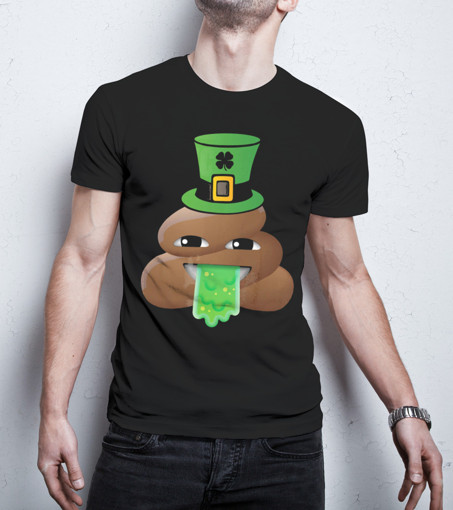 St Patricks Day Funny Leprechaun Poop Emoji Hat And Green Slime Tongue T-Shirt