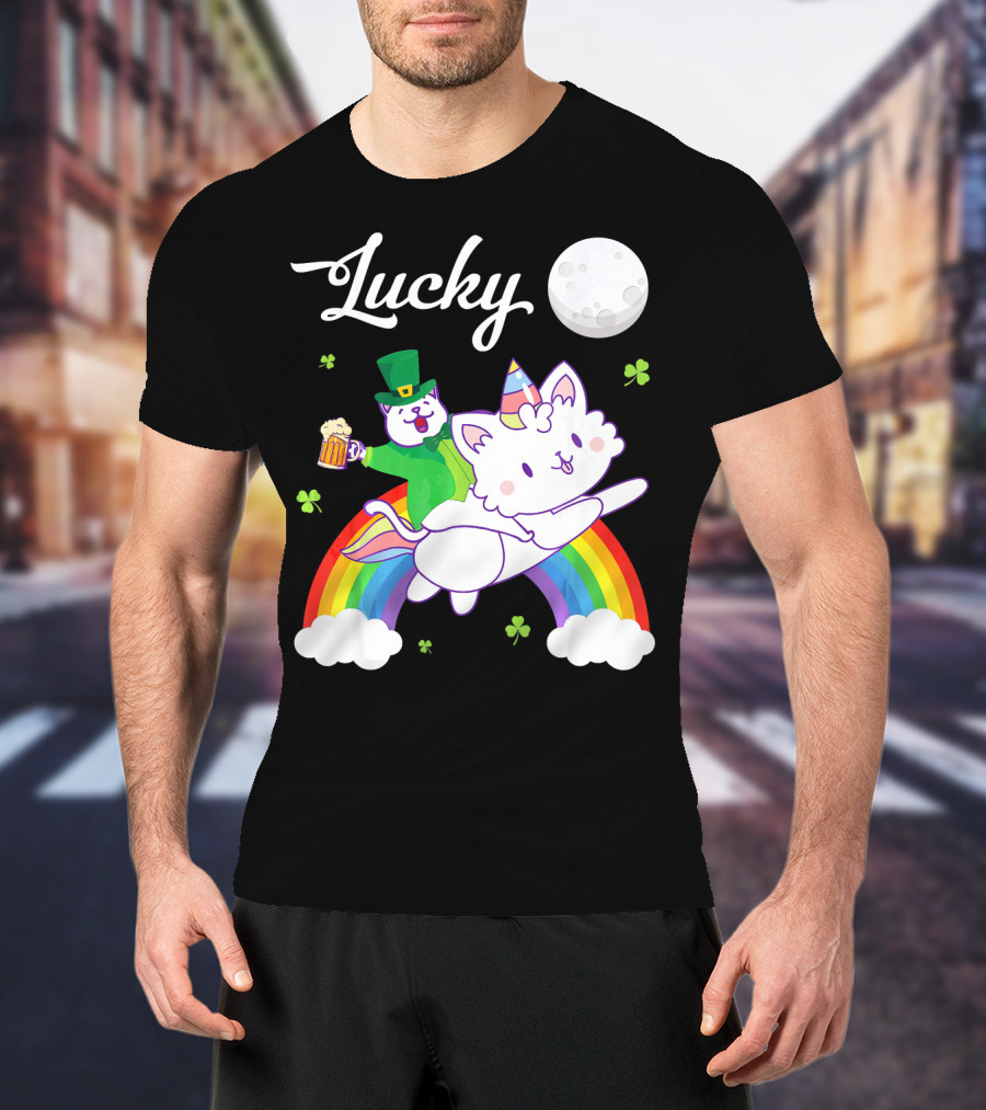 Lucky Leprechaun Cat Riding Unicorn Cat Over Rainbow With Beer And Moon T-Shirt