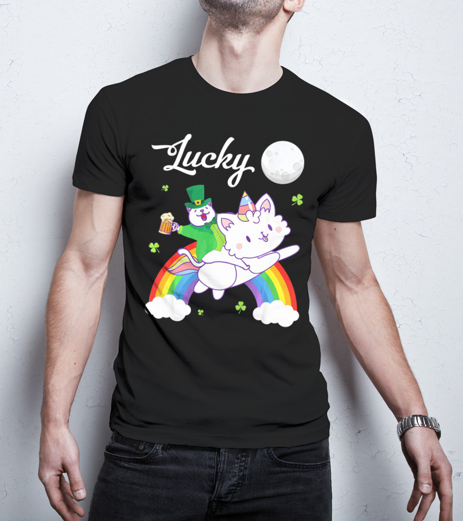 Lucky Leprechaun Cat Riding Unicorn Cat Over Rainbow With Beer And Moon T-Shirt