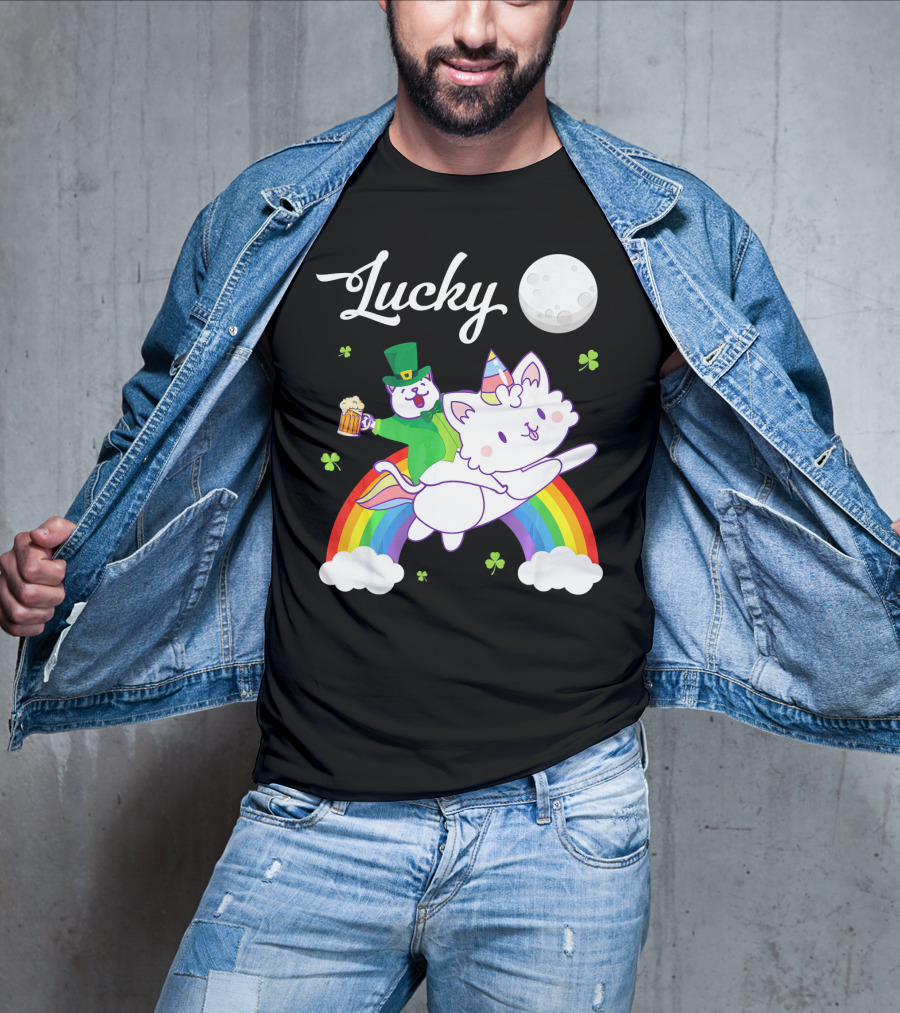 Lucky Leprechaun Cat Riding Unicorn Cat Over Rainbow With Beer And Moon T-Shirt
