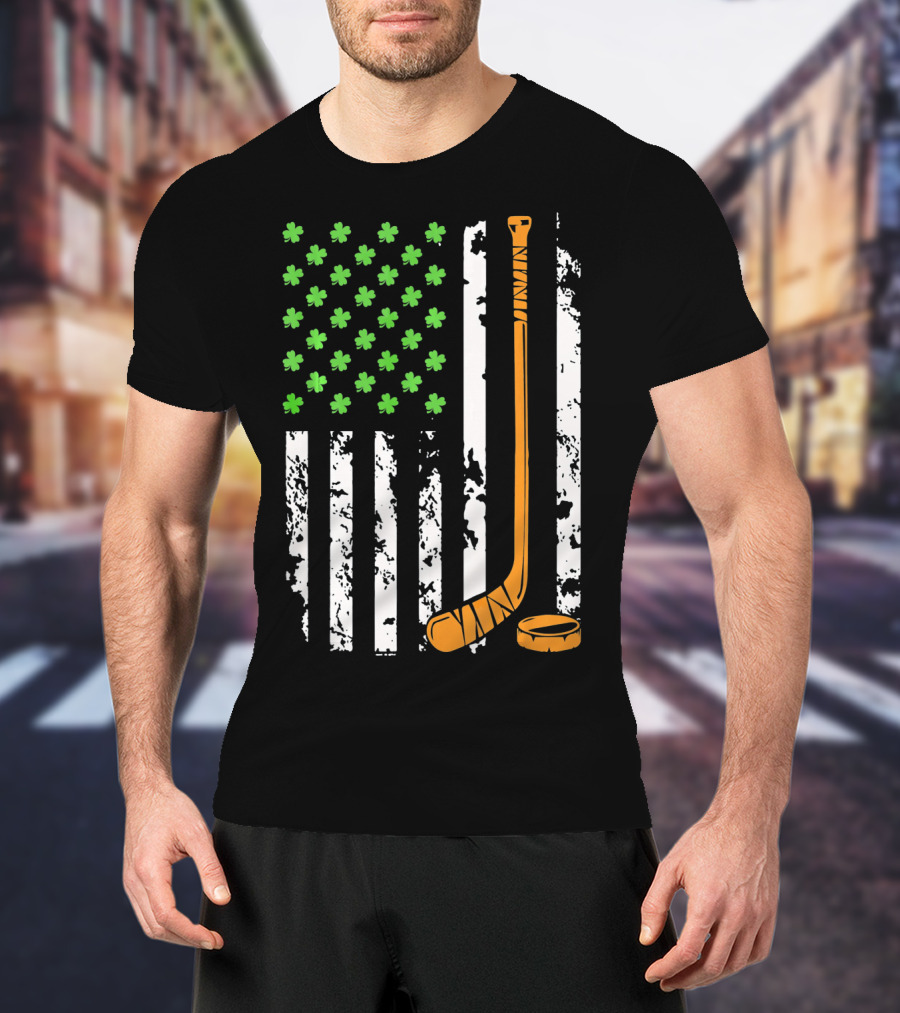 Irish American Hockey Sticks And Shamrocks Flag T-Shirt