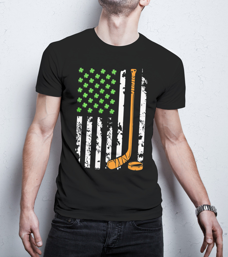 Irish American Hockey Sticks And Shamrocks Flag T-Shirt