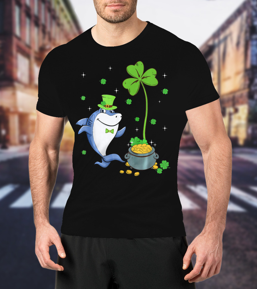St Patricks Shamrock Leprechaun Shark With Pot Of Gold T-Shirt