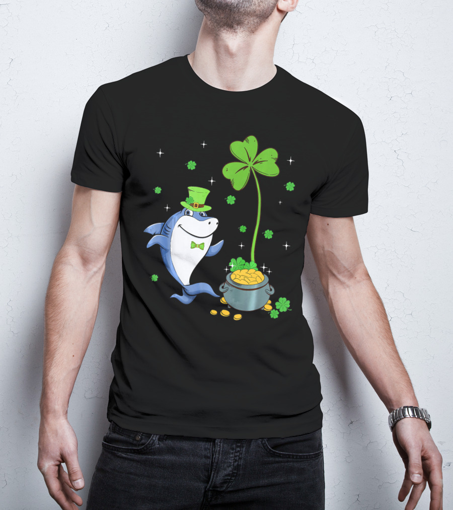 St Patricks Shamrock Leprechaun Shark With Pot Of Gold T-Shirt
