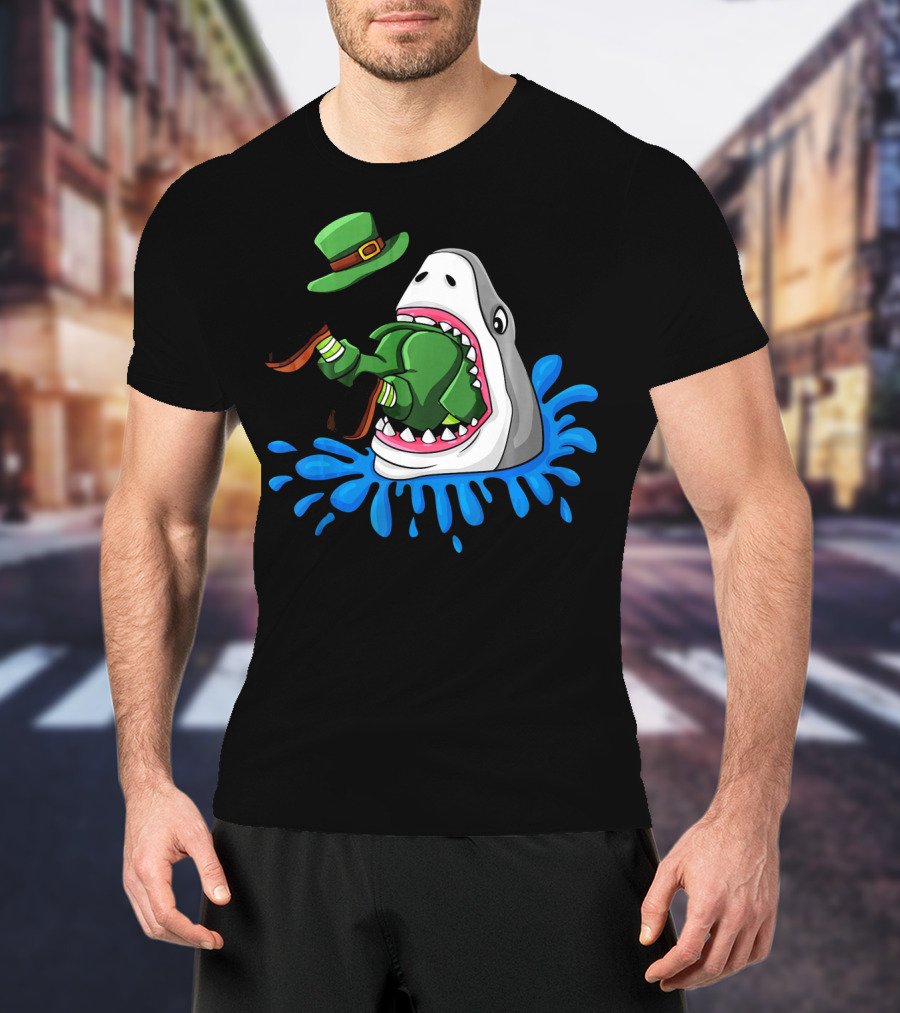 Shark Swallowing Green Leprechaun Hat Splashing Water T-Shirt