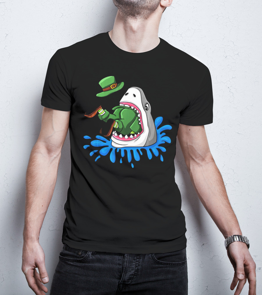 Shark Swallowing Green Leprechaun Hat Splashing Water T-Shirt