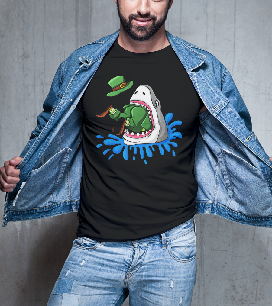 Shark Swallowing Green Leprechaun Hat Splashing Water T-Shirt