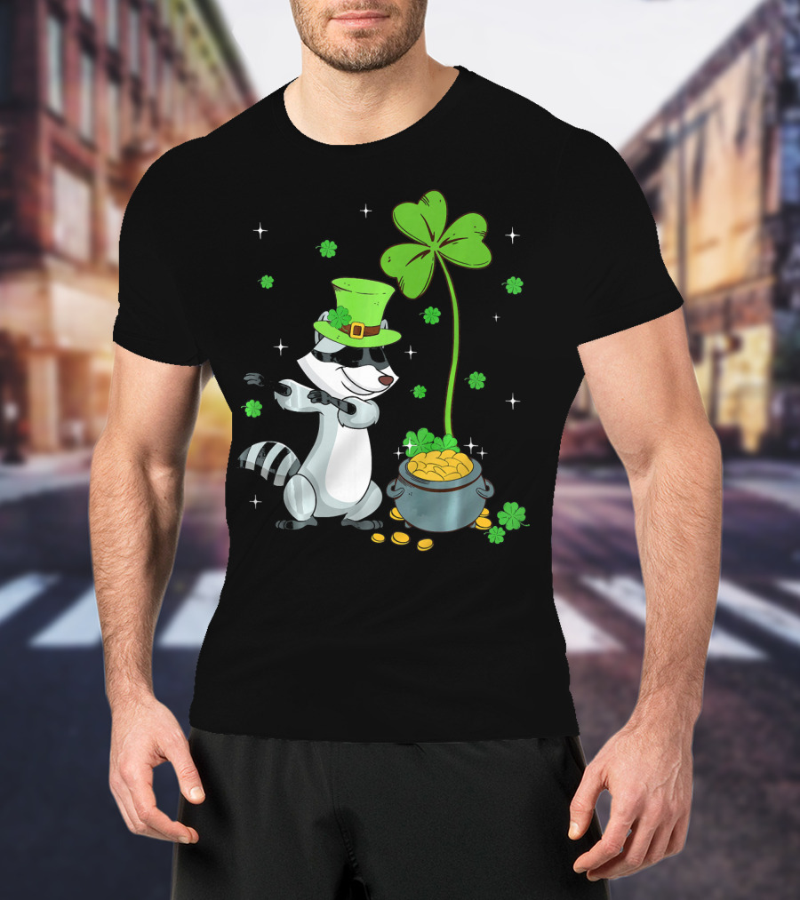 Shamrock Leprechaun Raccoon With Pot Of Gold And Clover St Patricks T-Shirt