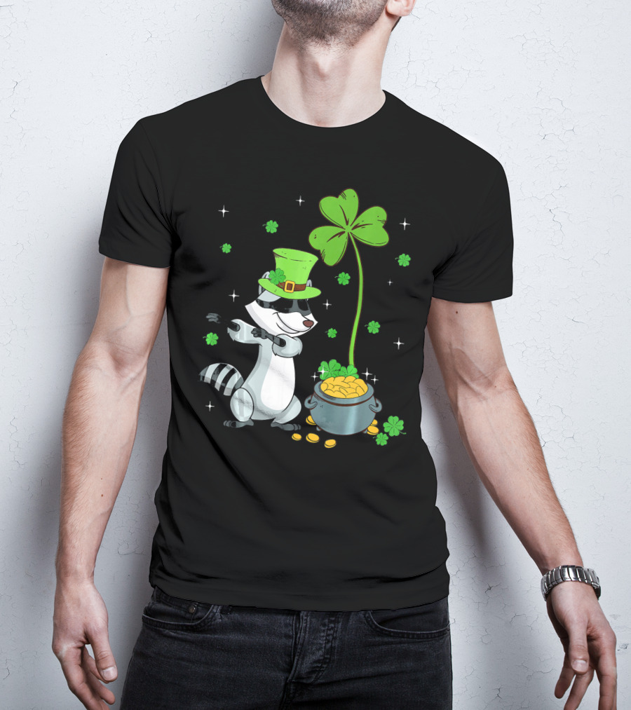 Shamrock Leprechaun Raccoon With Pot Of Gold And Clover St Patricks T-Shirt