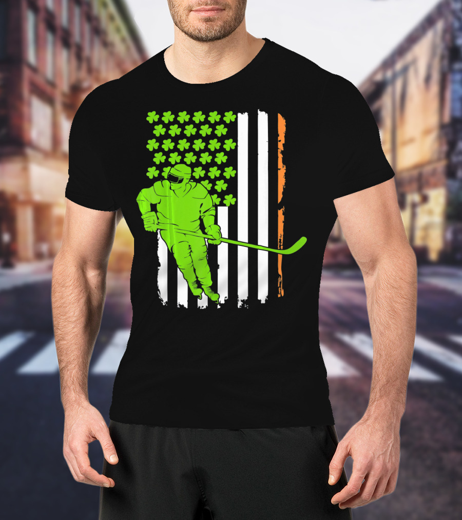 Irish American Flag St Pat Hockey Player Shamrock Stars T-Shirt
