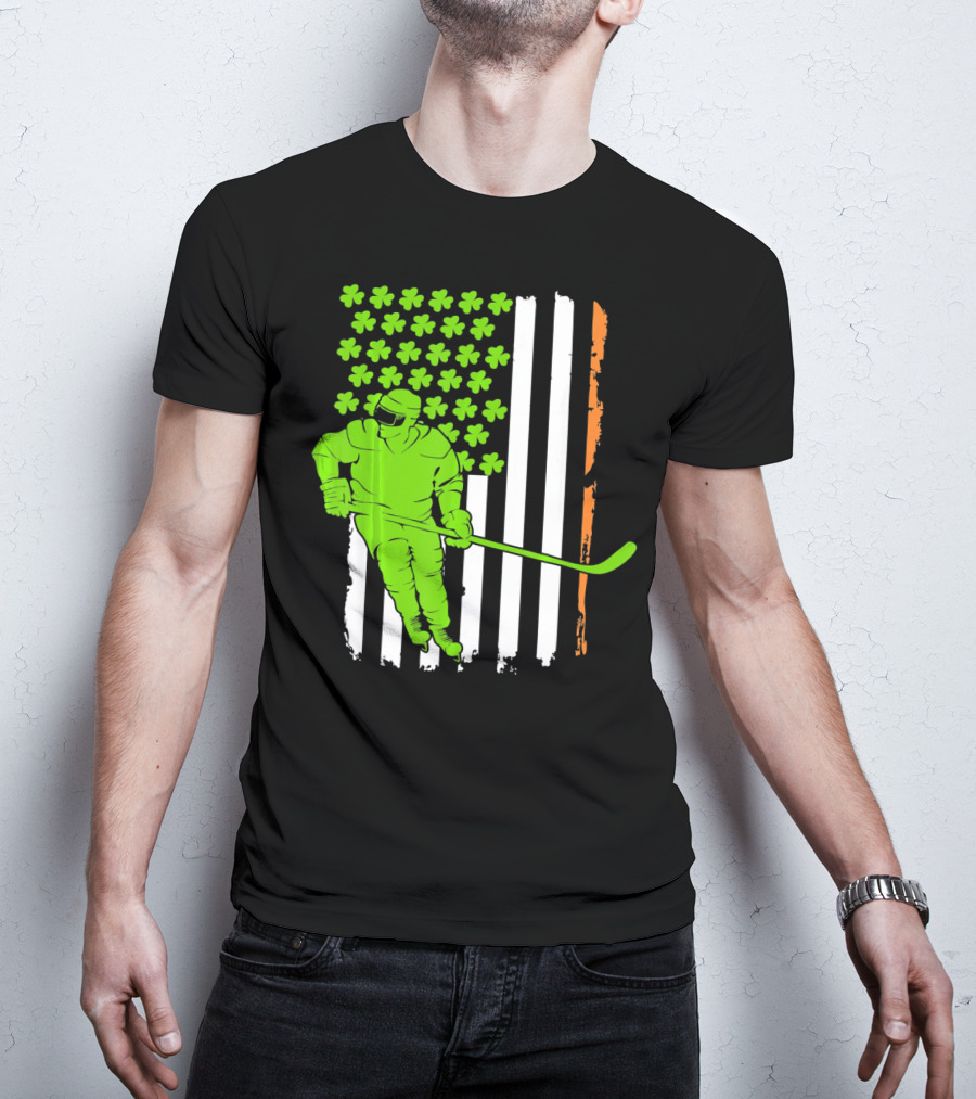 Irish American Flag St Pat Hockey Player Shamrock Stars T-Shirt