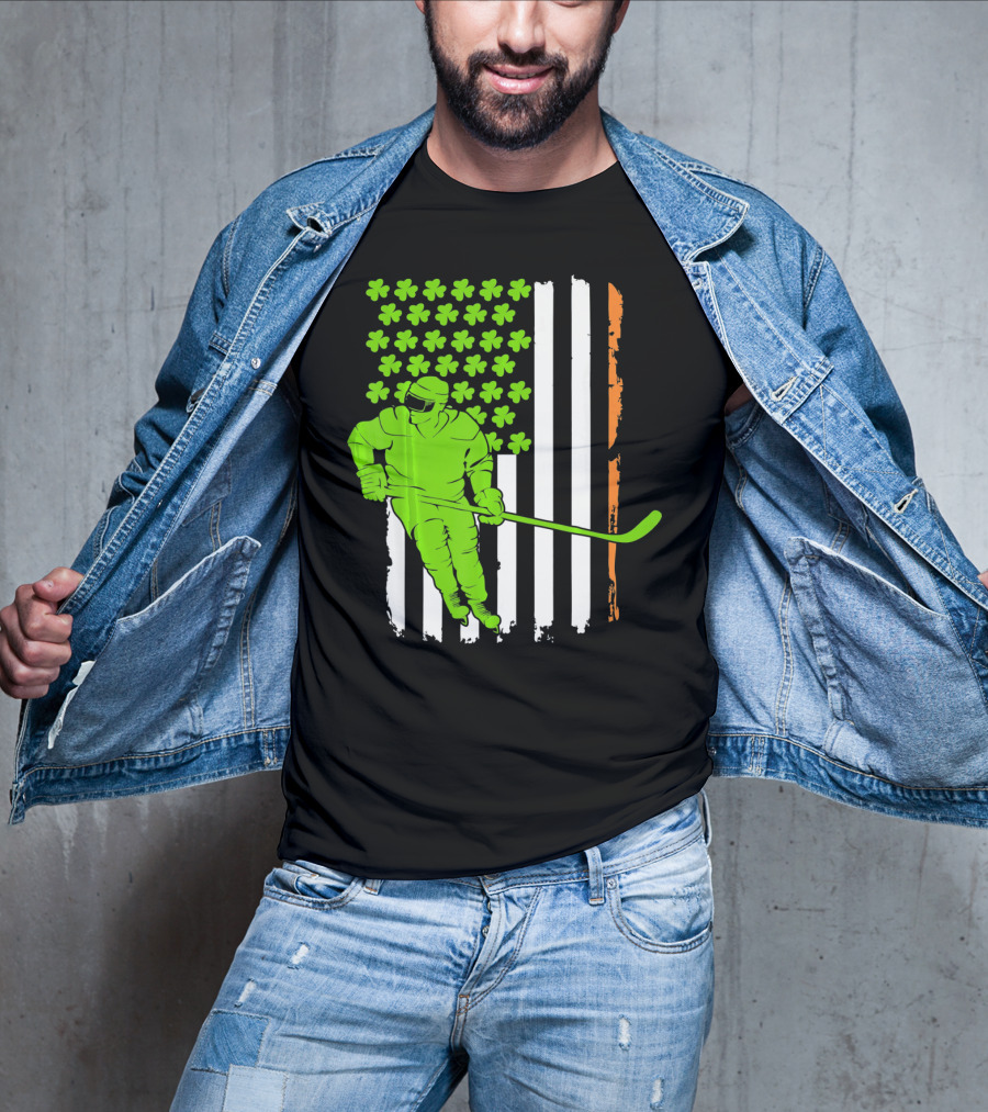 Irish American Flag St Pat Hockey Player Shamrock Stars T-Shirt