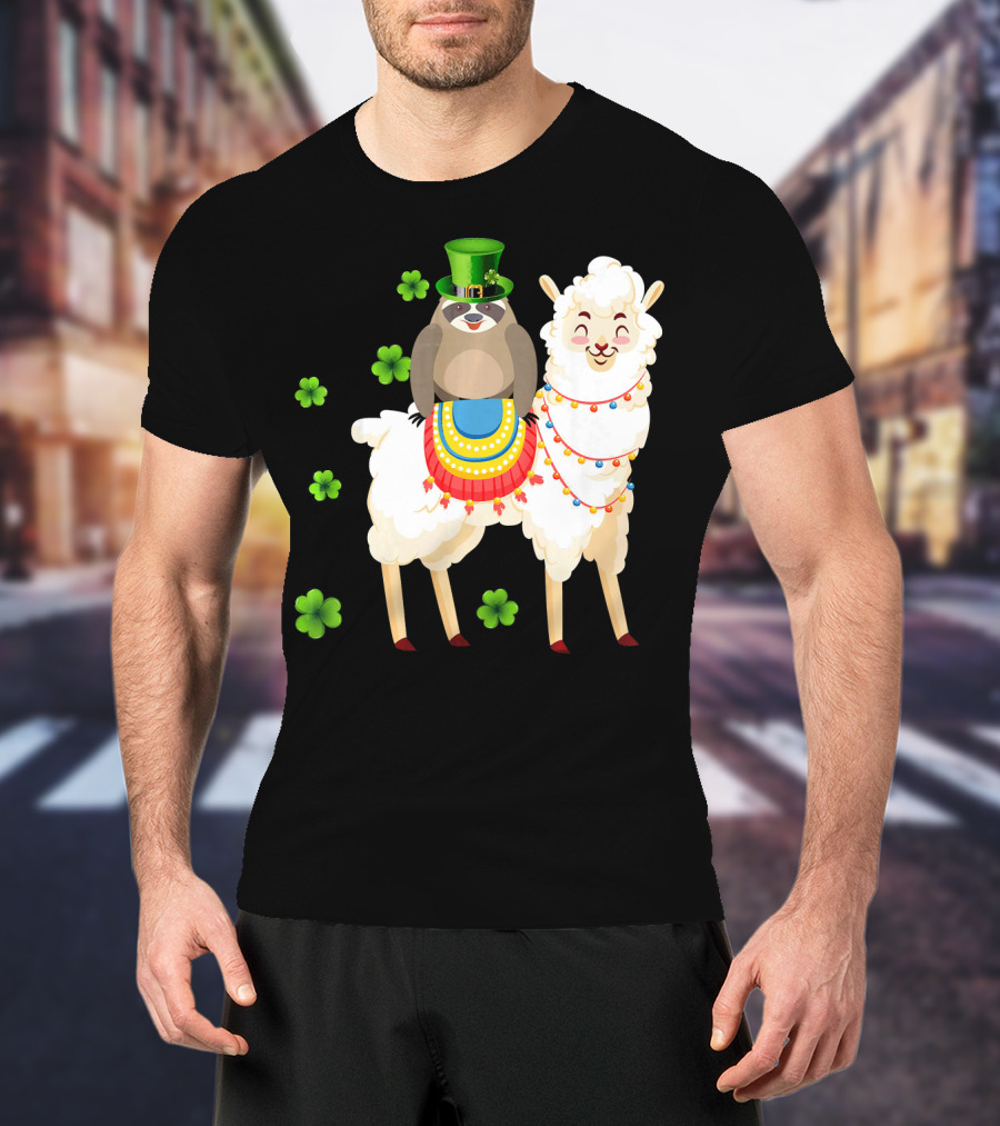 Leprechaun Sloth Riding Llama St Patrick's Day With Shamrocks T-Shirt
